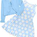 Toddler Girl Sleeveless Dresses and Long Sleeve Ruffle Cardigan 2 Piece Fall Outfits for 2-8T (Blue)