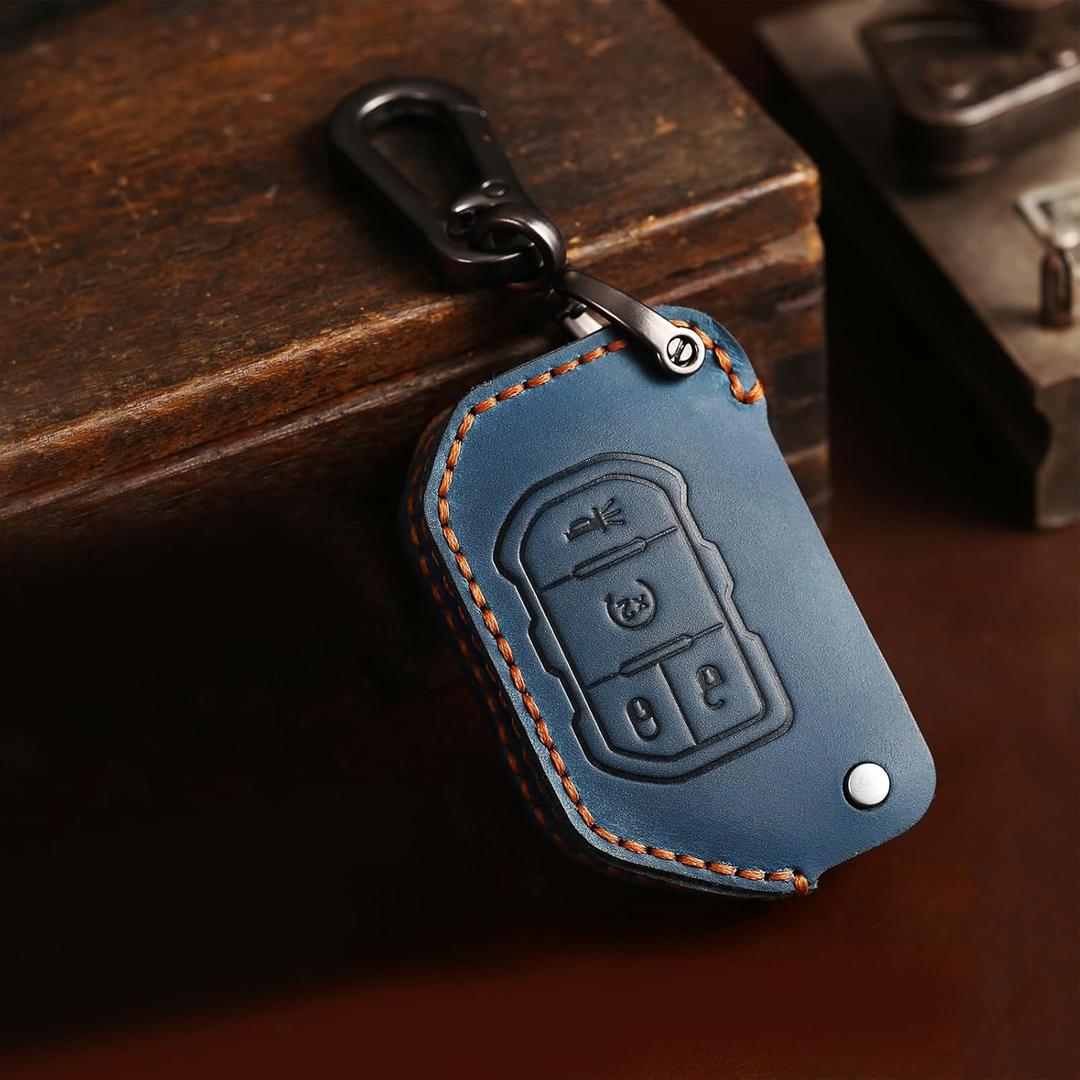 2018-2025 Flip Type Leather Key Fob Cover, Compatible with Jeep Wrangler JL JLU Rubicon Wagoneer Gladiator JT Sahara JLU etc, Retro Style Design Key Holder Protector (Blue) (4 Button)