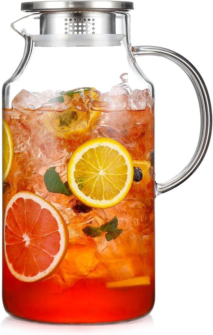 1 Gallon thickened Glass Pitcher with Lid and Spout, Borosilicate Glass Carafe for Hot/Cold Drink, Water Pitchers for Fridge, Extra Large Jug with Handle for Iced Tea, Coffee,Juice,Homemade Beverage