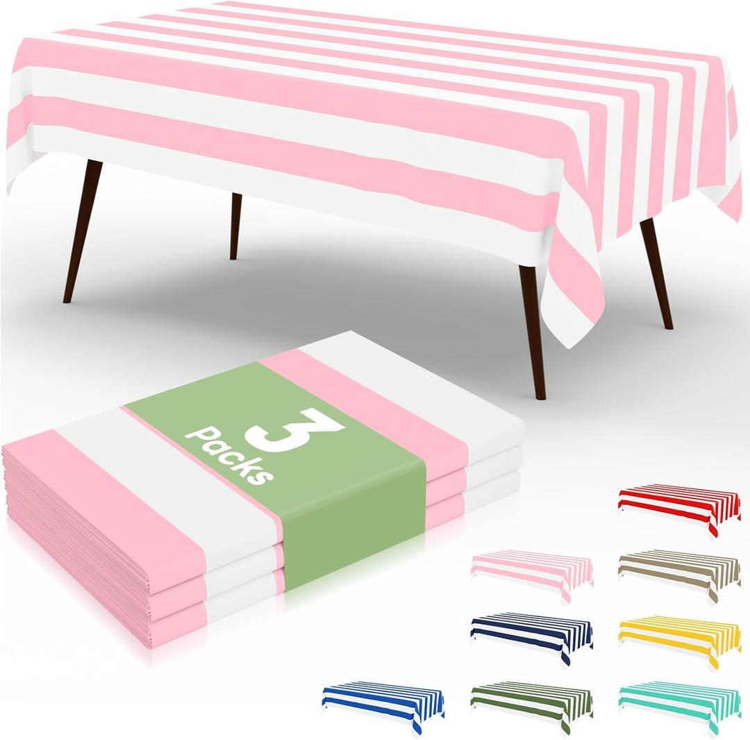 Misaya 3 Packs Striped Disposable Table Cloth, 54 x 108 Inch Waterproof Rectangle Tablecloth, Leakproof & Sturdy Decorative Table Covers for Picnic, Party and Outdoor, Pink and White