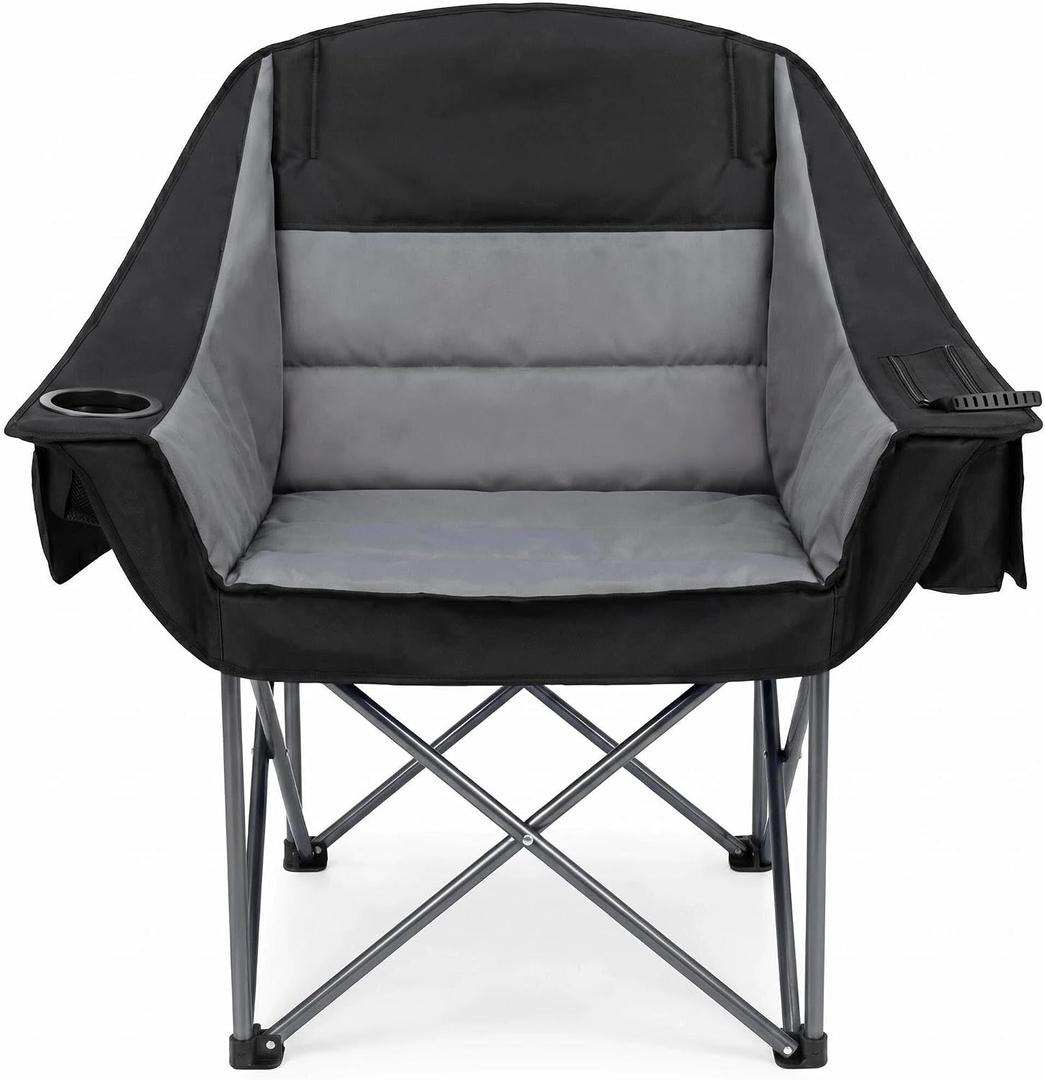 Heavy Duty Oversized Padded Camping Chair for Adults, XL Folding Camp Chair with Armrests, Cooler Bag, Cup Holder and Storage Pockets, Portable Outdoor Chair Supports up to 500 lbs-1PC Black & Grey, Single Pack