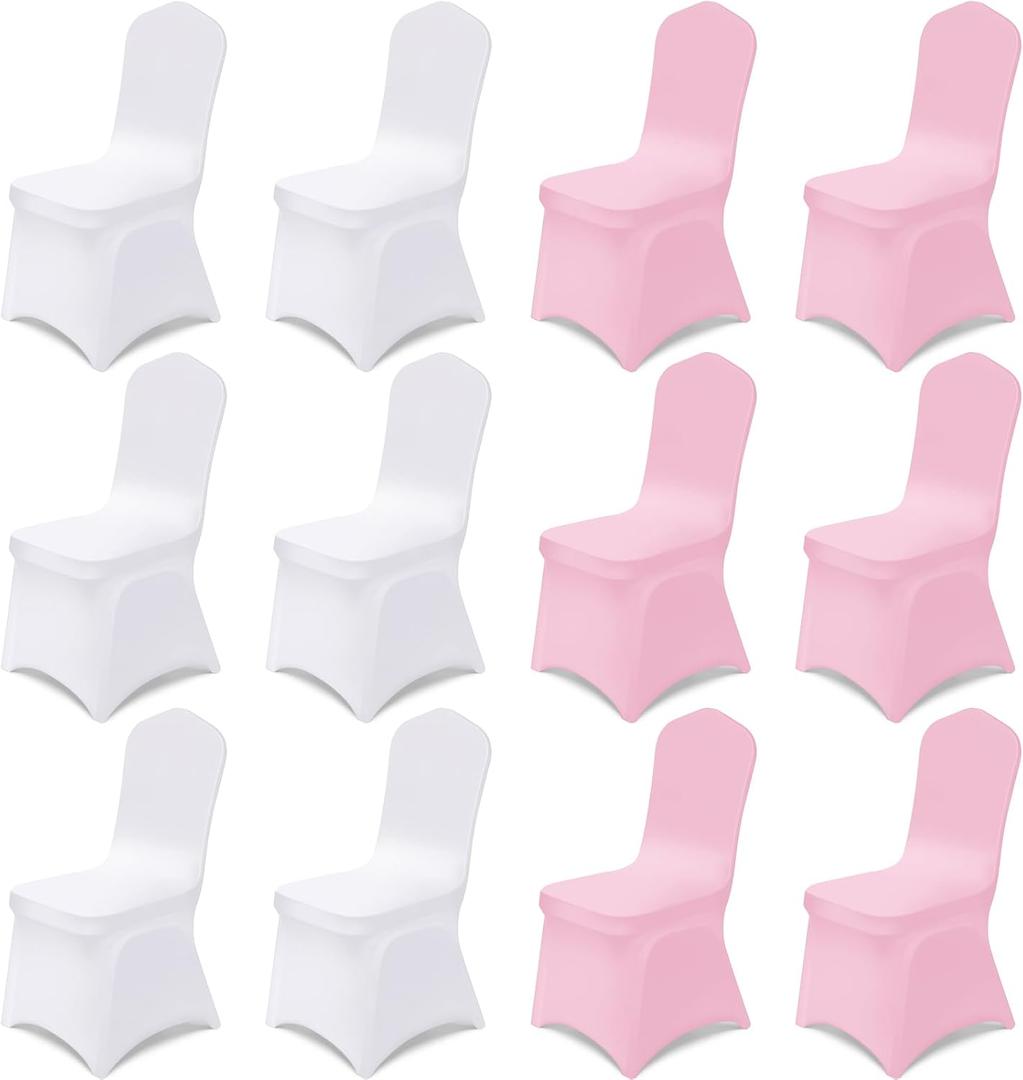 Oudain 12 Pcs Pink White Folding Chair Covers Universal Spandex Slipcovers Washable Removable Stretch Chair Protector Covers for Wedding Birthday Party Decoration