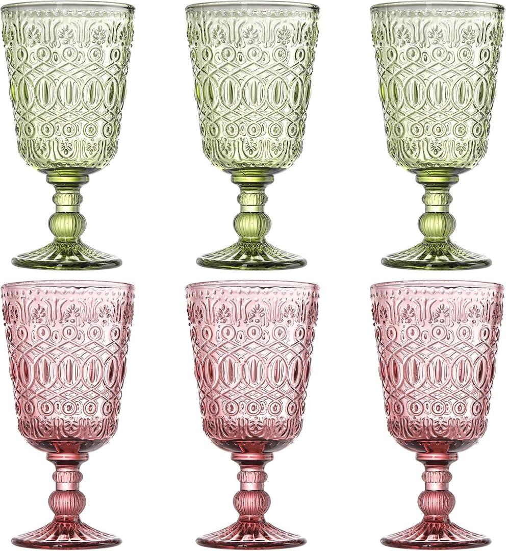SOUJOY Set of 6 Vintage Glass Goblet, Colored Wine Glasses 10oz, Handmade Pressed Water Drinking Cup with Stem for Party, Wedding, Bar