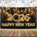 Katchon, Xtralarge Happy New Year Banner - 72x44 Inch | Happy New Year 2026 Banner for New Years Decorations 2026 | NYE Backdrop for New Years Eve Party Supplies 2026 | NYE Decorations 2026 (Gold and Black Clock)