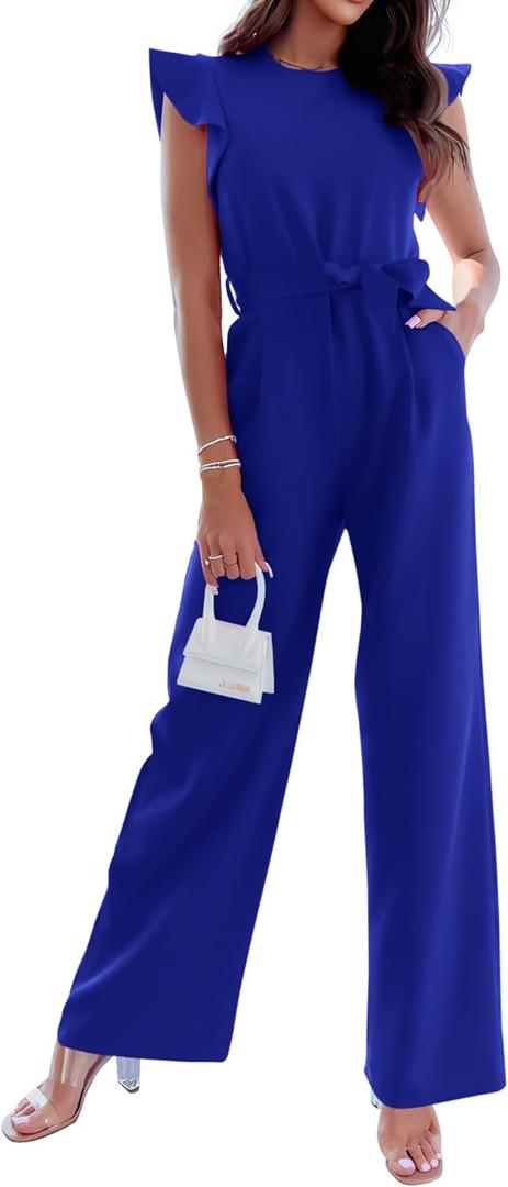 BTFBM Women Jumpsuits Crew Neck Ruffle Cap Sleeve Belted High Waist Wide Leg Romper with Pockets One Piece Casual Outfits (X-Large, Royal Blue)