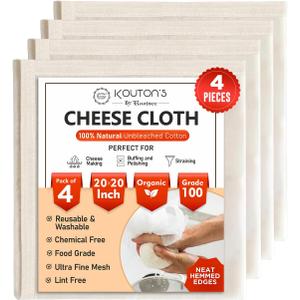 100% Unbleached Cheese Cloths  4 Pcs Precut 20x20 inch Hemmed Reusable Cheesecloth for Straining - Grade 100 Organic Cheese Cloth - Ultra Fine Muslin Cloth for Juicing Brewing Baking Turkey