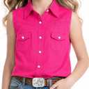 Girls Rhinestones Western Shirt Sleeveless Cowgirl Button Down Shirts Casual Blouses Tops 5-6Y (Pink)