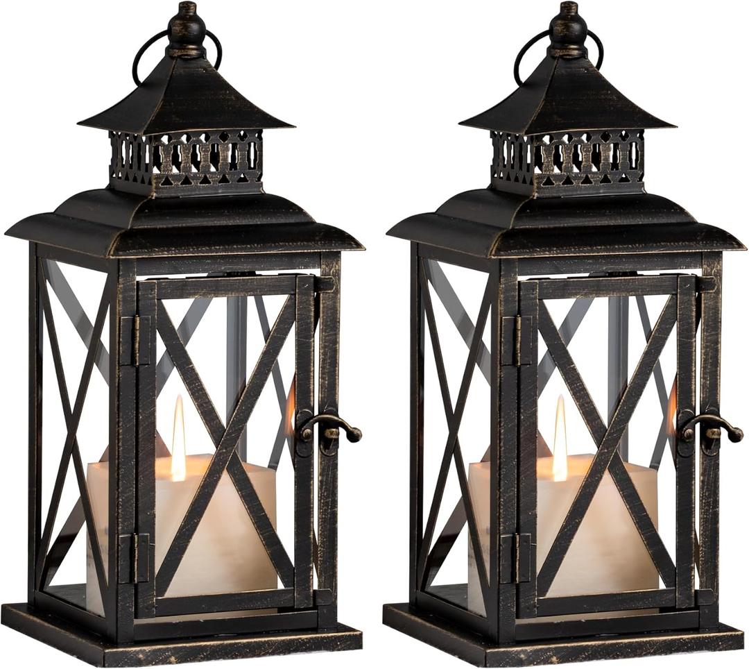 DECORKEY Lantern Decorative Indoor & Outdoor, 2 Pack Large Hanging Candle Lanterns Home Decor, Vintage Metal Candle Holders for Front Porch Patio Wedding Party, Halloween Christmas Decorations (Black) (Black / 14.8'')
