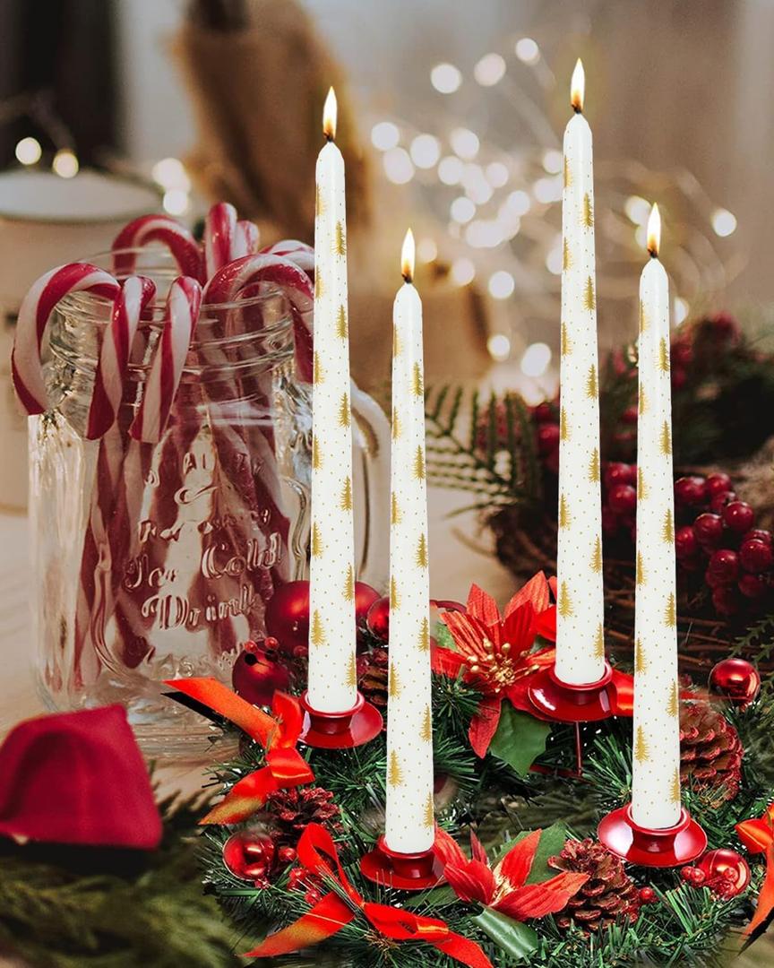 Christmas Taper Candles 10 Inch Unscented Candlesticks with String Light Design for Holiday Table Centerpiece, Fireplace Mantel, Advent Wreaths, Winter Weddings, Seasonal Home Decor,4Pack (10"CHC-gold tree)