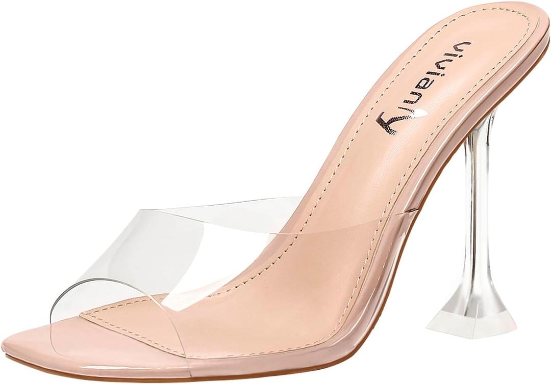 vivianly Womens Clear Heels Sandals Transparent Stiletto Heel Slippers Backless Peep Toe Slip on Heeled Mules (Beige) 7