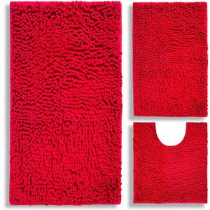 BOANKODU Bathroom Rugs Chenille 3-Piece Extra Soft and Absorbent Shag Bathroom Rugs, Machine Wash Mat, Strong PVC Non-Slip Underside, Plush Carpet Mats (Red)