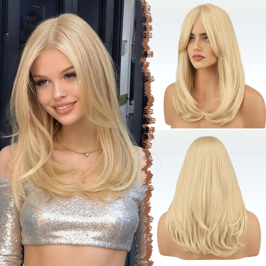 FESHFEN Blonde Wigs with Bangs - Long Layered Straight Light Blonde Natural Looking Synthetic Hair Wig for Women Daily Party Use, 18 inch