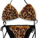 Women's Detachable Faux Fur Bikini Sets Halter Tie Two Piece Swimsuits for Party Stripper Outfit (Leopard)