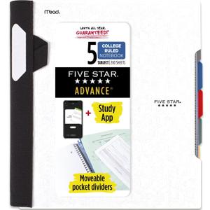 Five Star Advance Spiral Notebook + Study App, 5 Subject, College Ruled Paper, 8-1/2" x 11", 200 Sheets, Spiral Guard, Movable Tabbed Dividers, White (73154)