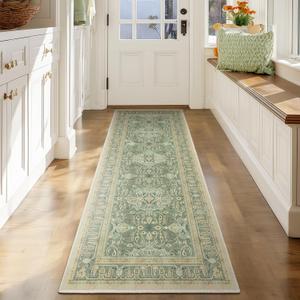 Sage Green Boho Hallway Runner 2x6, Low Pile Thin Entryway Runner 6ft, Kitchen Runner Rugs Non Skid Washable for Laundry Room Bedside Bathroom, Floral Moroccan Pattern with Opal Colors