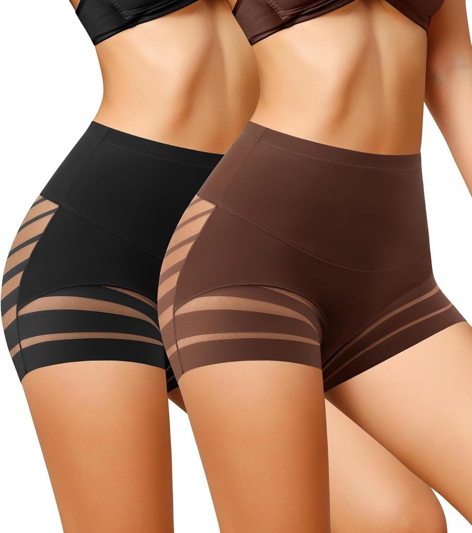 High Waisted Boyshorts Underwear for Women Tummy Control Sexy Mesh No Show Shapewear Panties for Ladies (Black, M)