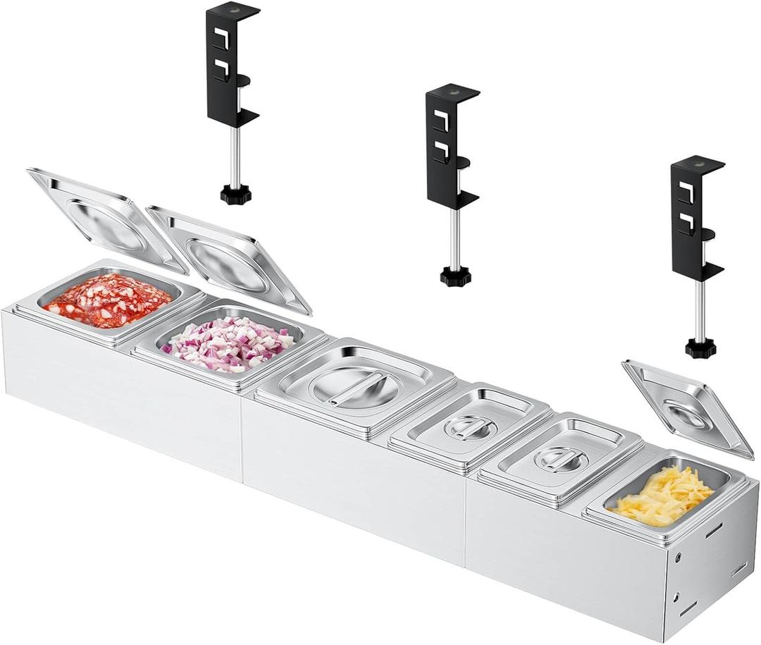 Pizza Topping Station Stainless Steel, 6 Seasoning Containers with Lid, Condiment Tray for Prepping Toppings, Pizza Oven Accessories, Grill Table Cart Topping Station, C-Clamp for Different Tabletops