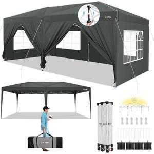 HOTEEL 10x20 Pop up Canopy Tent with Sidewalls, One Push Outdoor Waterproof Tents for Parties with Reinforce Rod, Sandbag, Easy Setup Event Tent Shelter for Backyard, Camping, Market, Grey
