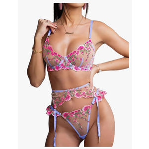 HELLOLAGIRL Sexy Lingerie Set for Women,Lace Womens Lingeries Flower Teddy Lingerie 3 Piece with Garter Belt, (Small+, Pink)