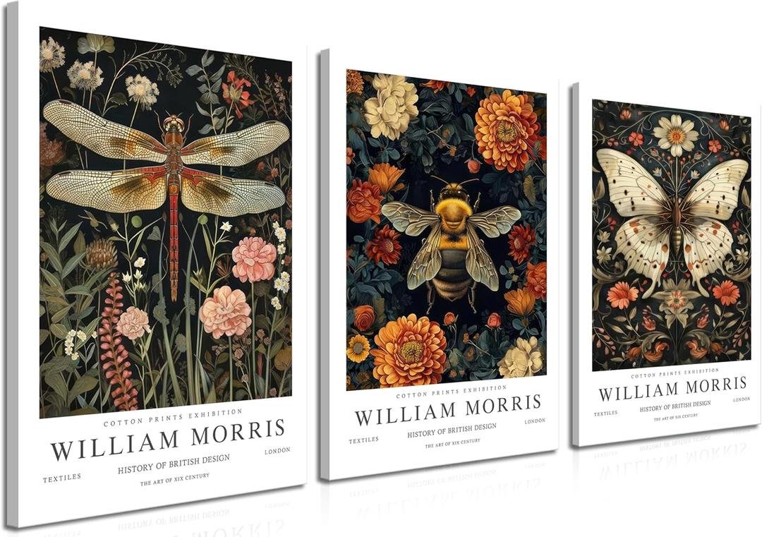 William Morris Canvas Wall Art Set of 3, Vintage Animal Bee Butterfly Dragonfly Posters Prints, Botanical Nature Flower Wall Decor Painting for Living Room Bedroom Bathroom 16x24 In Framed