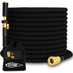 TITAN Garden Hose 50FT | NON-EXPANDING Durable, Flexible, Ultra Lightweight, Extra Strength Fabric Hybrid Water Hose, Heavy Duty Brass Connectors, With Jet Nozzle For Home, Marine, RV (Black)