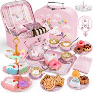 Tea Party Set for Little Girls, 49PCS Princess Tea Time Toys Including Tea set Dessert Carrying Case, Kids Pretend Play Kitchen Toys, Toddler Girl Birthday Gifts for 3-8 Year Old, Dream