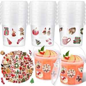 PerKoop 20 Pcs 32 oz Ice Cream Buckets with Lids and Handles Clear Cocktail Rum Buckets with Stickers Plastic Transparent Tub Reusable Food Storage Containers for Parties(Xmas)
