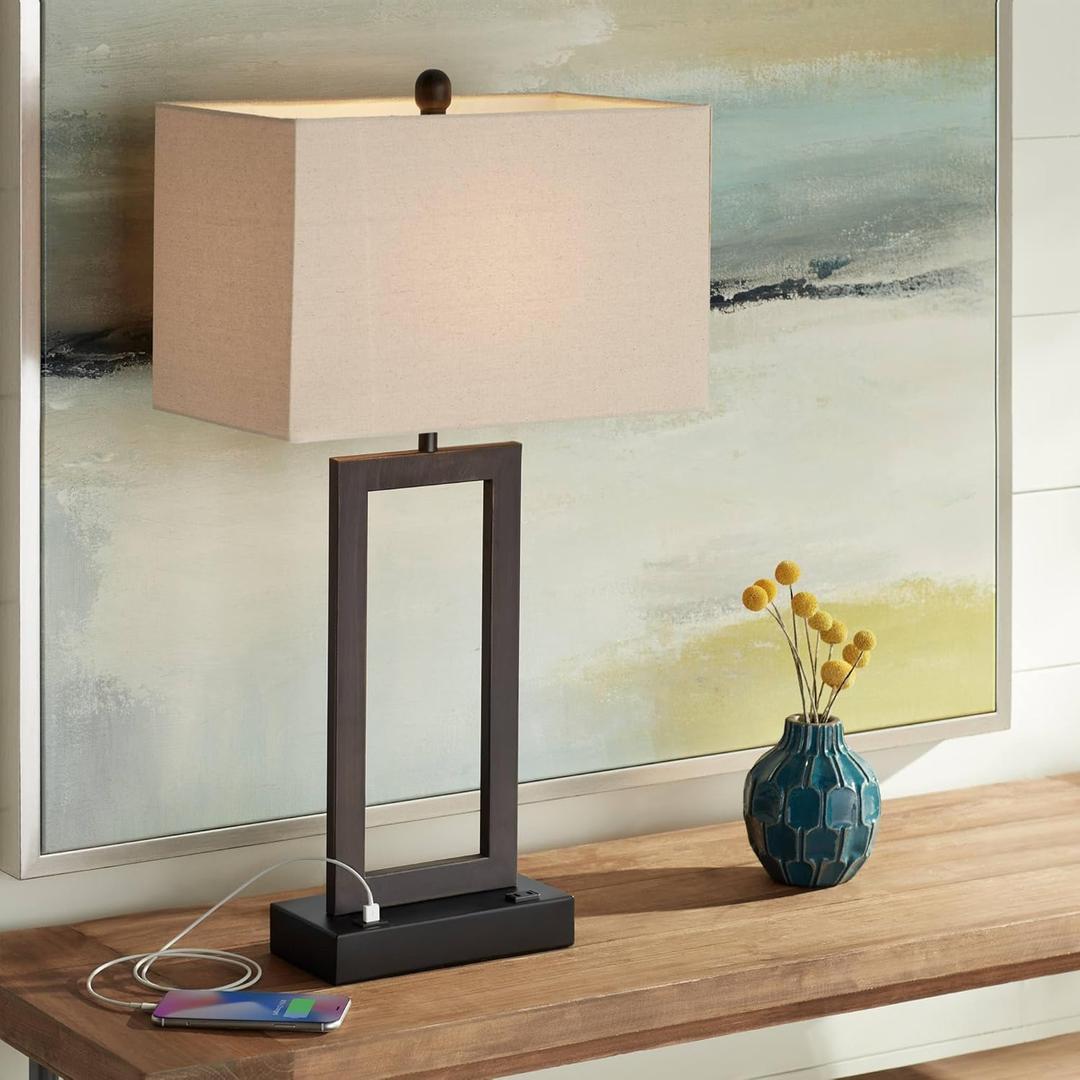 360 Lighting Todd Modern Minimalist Table Lamp with USB and AC Power Outlet in Base 30" Tall Bronze Rectangular Oatmeal Fabric Shade for Living Room Bedroom House Bedside Nightstand Home