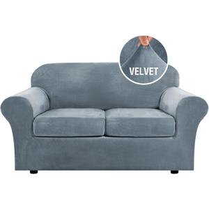 H.VERSAILTEX Real Velvet Plush 3 Piece Stretch Sofa Covers Couch Covers for 2 Cushion Couch Loveseat Covers Width Up to 72 Inch Feature Thick Soft Stay in Place (Medium Sofa, Stone Blue)