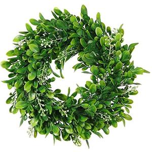 Artificial Green Leaves Wreath - 11 inch Artificial Boxwood Wreaths with White Flower for Window Wall Wedding Decor,1Pack