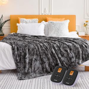 WOOMER Heated Blanket King Size Electric Blanket 90"x 100", Faux Fur Fast Heating, 10 Heating Levels & 0.5-12H Auto Off, Dual Control, Over-Heat Protection, ETL Certification (Marble Grey)