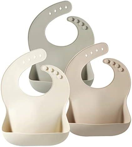PandaEar Silicone Baby Bib for Girls Boys| Adjustable Waterproof Eating Bibs| BPA Free Soft Durable Silicone Bibs for Babies & Toddlers with Large Pocket Food Catcher 3 Count