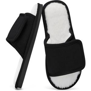 SHIBEVER Women's Slippers Fuzzy Open Toe Slip On Indoor House Shoes Comfy Bedroom Women Slippers (7.5-8, 71 Black)