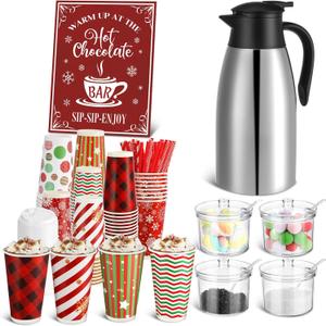 Bokon 104 Pcs Christmas Hot Chocolate Bar Set 68 Oz/ 2 L Stainless Drink Dispenser 16 Oz Cocoa Cups Hot Chocolate Bar Station Sign Acrylic Sugar Bowls for Christmas Winter Party Supplies(Classic)