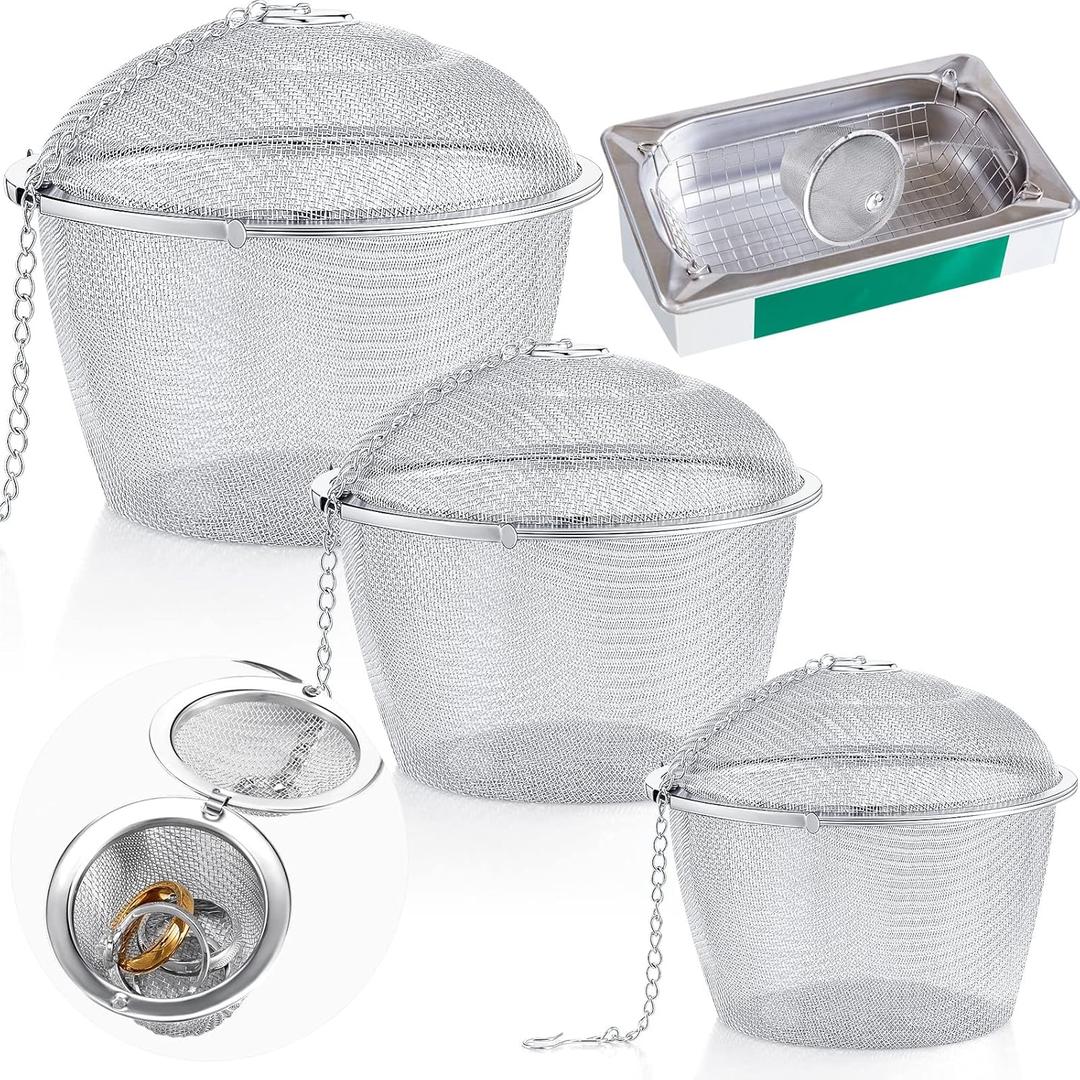 Honeydak 3 Jewelry Cleaner Baskets Jewelry Steam Cleaner Basket Stainless Steel Basket for Small Part and Cleaner Solution with Lock and Hook (1.7,2.5,4.3 Inch)
