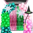Panelee Halloween Trunk or Treat Car Decoration Kit, Green and Pink Tinsel Foil Fringe Curtains Witch Hat Pink Green Balloon for Outdoor Trunk or Treat Halloween Witch Princess Birthday Party Decor