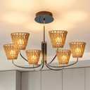 Tujoe Small Rattan Bell Lamp Shade Boho Handwoven Barrel Rattan Chandelier Shades Replacement for Table Floor Lamp Pendant Light Fixtures, 5.5" H x 5.9" D, 2.76" Fitter(3 Pcs,Boho,Normal)