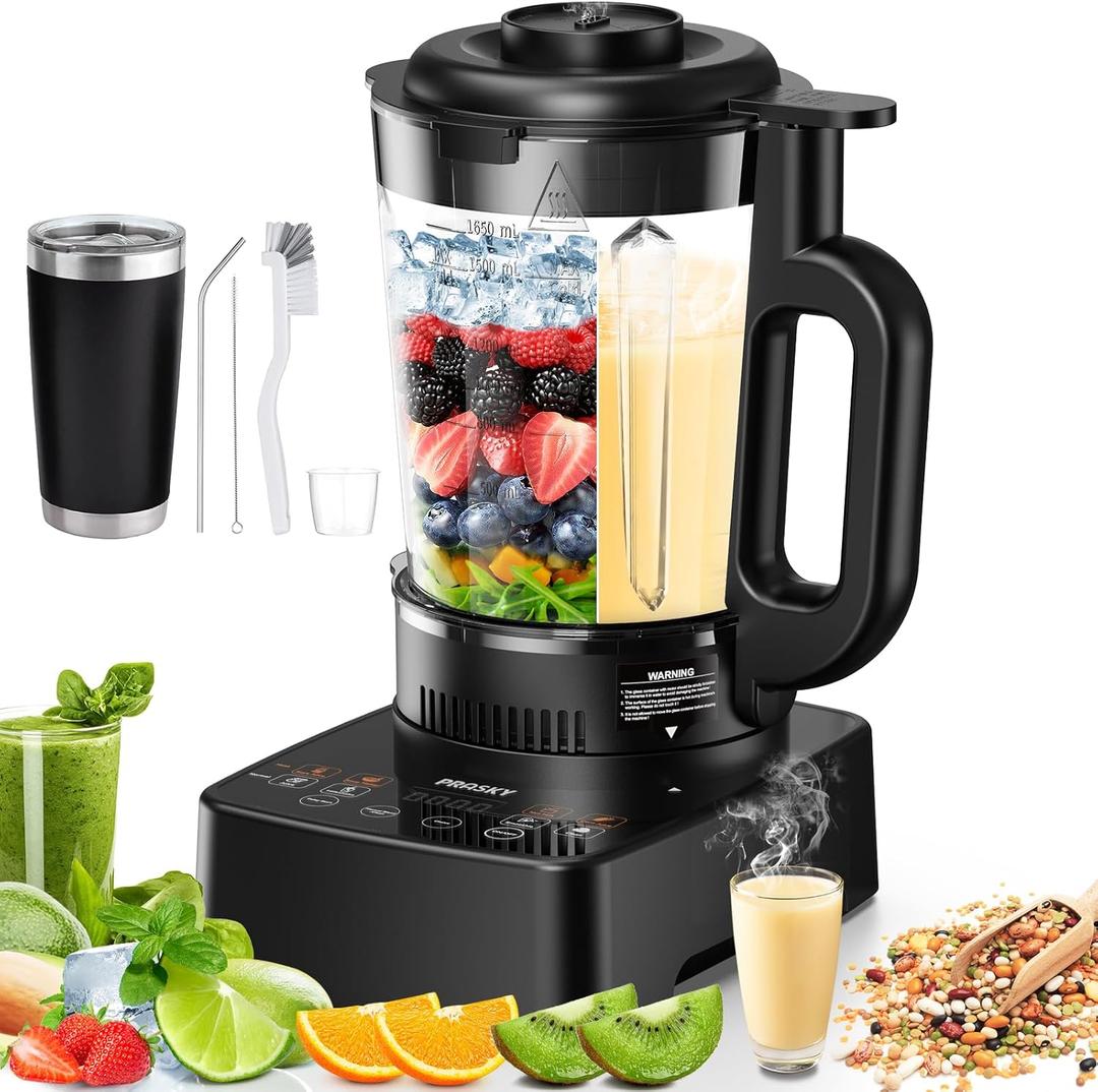 Blenders for Kitchen with Glass Jar, PRASKY 1500W Professional Heating Blender 55oz, 25000 RPM High Speed Protein Shake, Smoothies Blender Keep Warm, Auto Clean for Food Soups Sauces (Black)