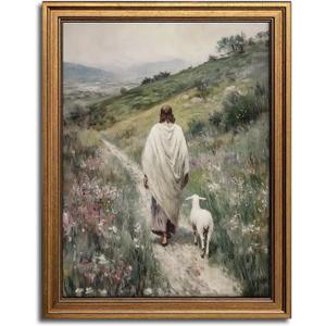 Aroutde Jesus Wall Art Christian Canvas Wall Decor Vintage Gold Framed Jesus Leaves the 99 Sheep Printing Modern Religious Art Print for Living Room Prayer Room Bedroom Decor (16L''x12W'') (Good Shepherd Jesus)