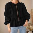 PRETTYGARDEN Women's Spring Fall Babydoll Peplum Blouse Shirt Puff Long Sleeve Bow Tie Front Trendy Cute Y2K Going Out Tops (Black, L)