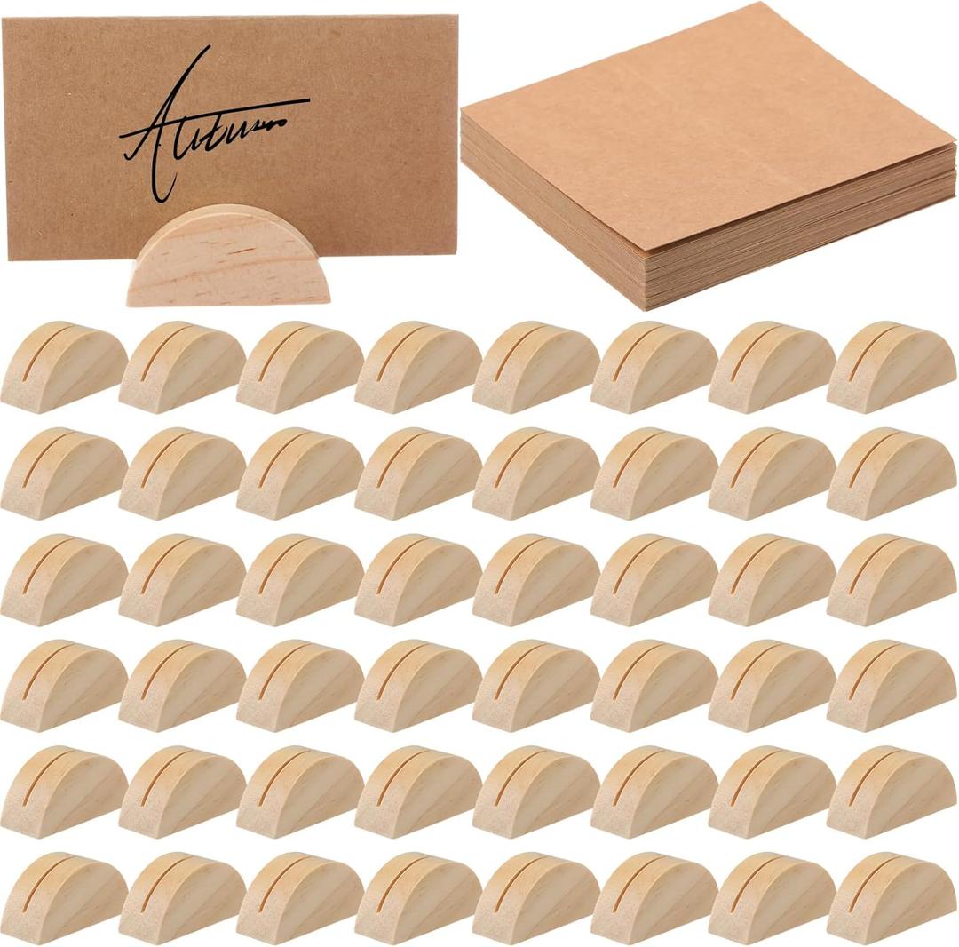 Maitys 48 Pcs Wooden Table Number Stands Wedding Table Name Holder Semicircular Design Place Card Holders with 48 Pcs Tented Cards for Retail Shop Wedding Party Events Decoration(Burlywood)