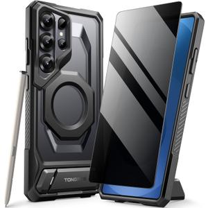 TONGATE Magnetic for Samsung Galaxy S25 Ultra Case with Aluminum Alloy Stand, Privacy Screen Protector, Compatible with MagSafe, TPU Anti-slip Edge, Military Grade Protection Case for S25 Ultra, Black