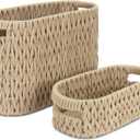 Boho Toilet Paper Storage Baskets, Cotton Rope Woven Bathroom Basket Set of 2, Standing Toilet Paper Holder for 6 Mega Rolls,Storage Bins for Toilet Tank Top, Bathroom Organizer Decor (Brown 2 Pack)