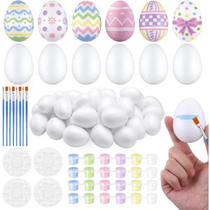 Thenshop 40 Pcs Easter Eggs DIY Kit for Painting Decorating with 24 White Pastel Foam Eggs, 4 Strips of Paint, 4 Paint Palette, 8 Brush for Basket Decorations Stuffers Spring Party