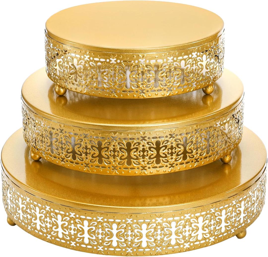 Youeon 3 Pack Metal Gold Cake Stand, 12/10/8 Inch Round Cake Stands for Dessert Table, Cupcake Pastry Display, Elegant Metal Display Risers for Weddings, Parties, and Events