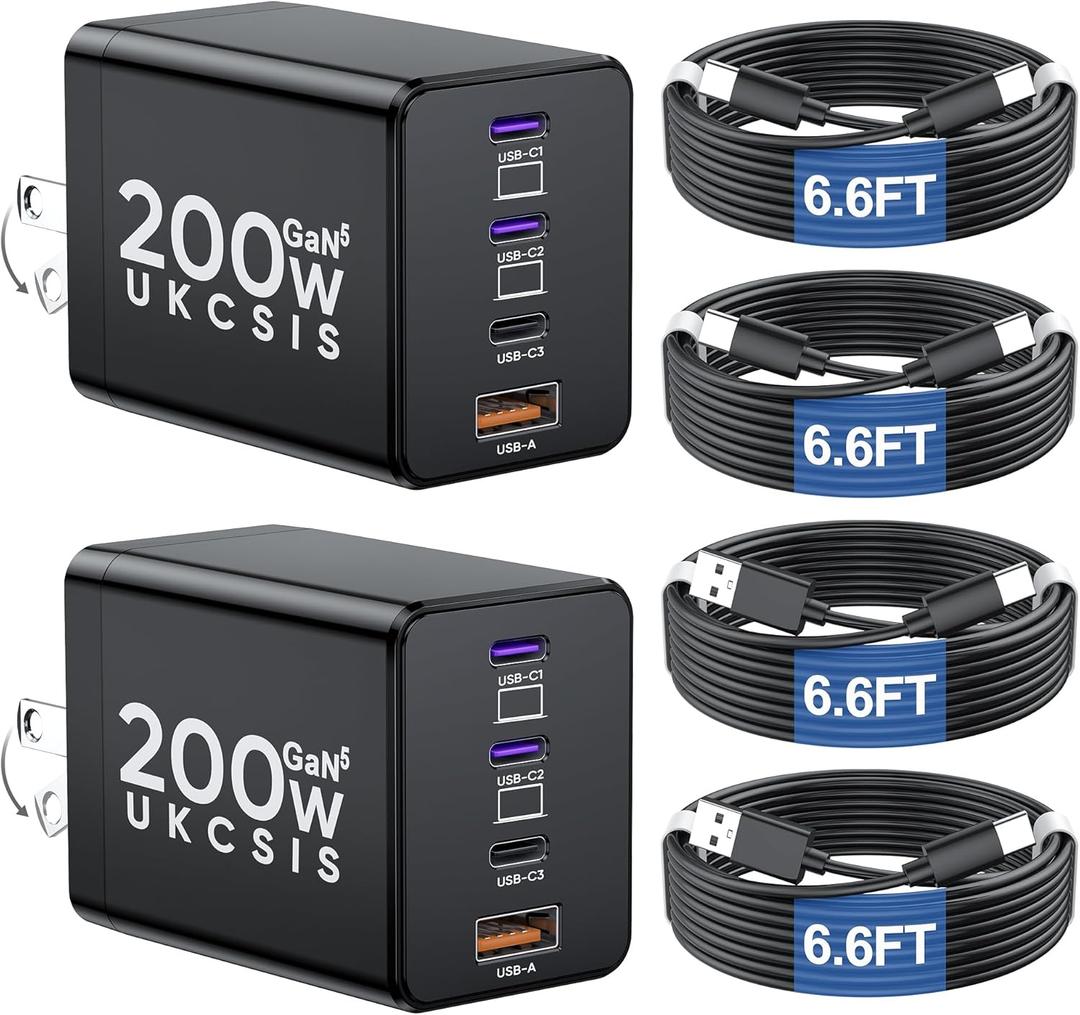 2 Pack 200W USB C Charger Block, Foldable 4Port GaN5 Super Fast Charger USB C, Dual 65W Type C Charging Block, Laptop Fast Charging Adapter for MacBook Pro/Air, iPad, iPhone, Samsung Galaxy Black