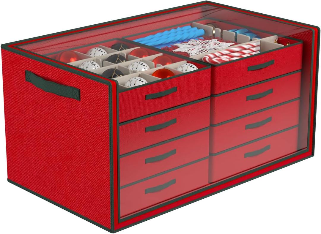 Dicasser Christmas Ornament Storage with 8 Tray Dividers-Adjustable for 128-3” 72-4” 32-6” Holiday Ornaments, Fit Many Sizes Ornaments (Body Red-Cover Clear)