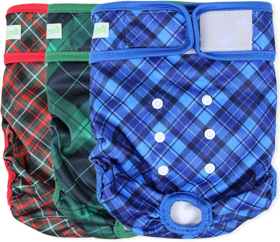 wegreeco Washable Dog Diapers (3 Pack), Highly Absorbent Dog Diapers for Female Dogs, Female Dog Diapers for Dogs in Heat, Incontinence, or Excitable Urination (Blue, Green, Red Plaid, L) (Large (15"-17" Waist))