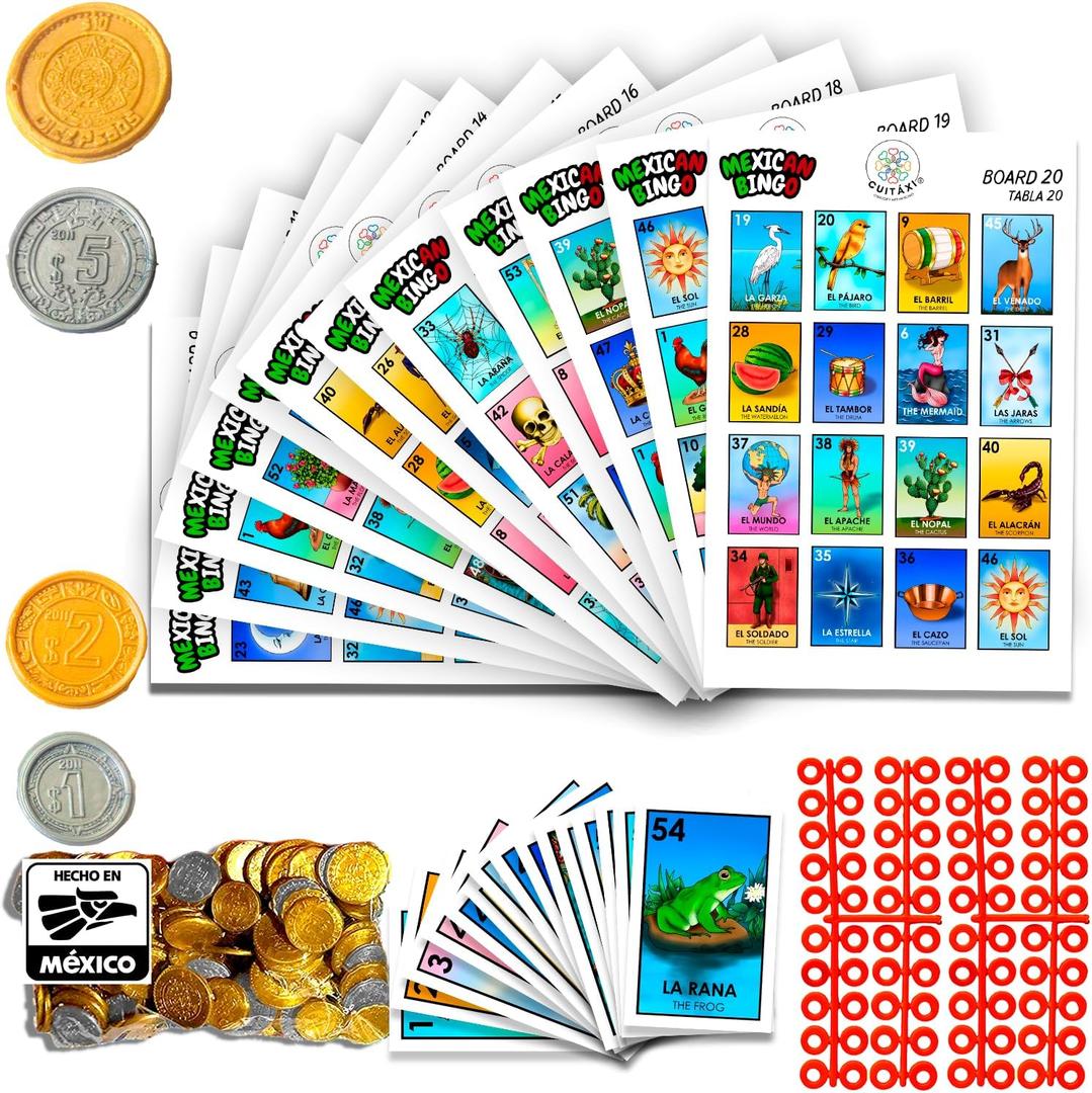 Cuitxi Traditional Mexican Bingo Game for 20 Players with Didactic Mexican pesos and Markers Made in Mexico Perfect for a Noche Mexicana - Juegos de mesa - Spanish Board Games