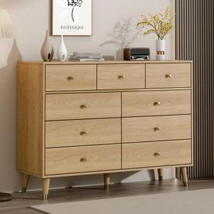 Chrangmay 9 Drawer Dresser,47" Wide Mid Century Modern Chest of Drawers,Wooden Bedroom Drawer Dresser with 9 Storage Drawers for Bedroom, Living Room,with Anti-Tipping Device,Yellow